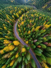 Winding Road Through a Vibrant Forest in Autumn Showcasing a Mix of Green, Orange, and Yellow Foliage