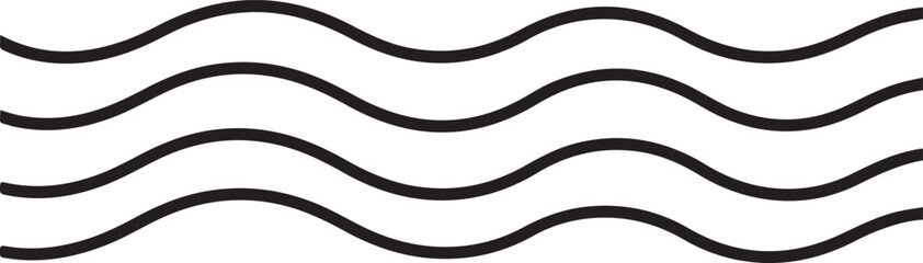 Minimalist black and white vector illustration of four parallel, flowing horizontal wavy lines on a white background, suggesting gentle water ripples or wind currents.