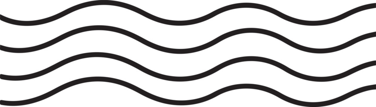 Minimalist black and white vector illustration of four parallel, flowing horizontal wavy lines on a white background, suggesting gentle water ripples or wind currents.