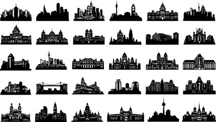 Collection of Famous City Skylines and Iconic Landmarks Black and White Silhouette Vector Set for Travel, Architecture, and Urban Design