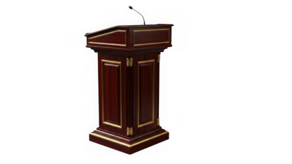 Elegant dark wood podium with microphone, isolated on transparent background