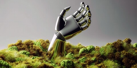 Futuristic Metal Hand Rising From Mossy Landscape Symbolizing Tech-Future Resilience and Innovation