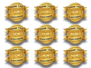 Gold subscriber milestone thank you badges from 1k to 9k for social media isolated on transparent background