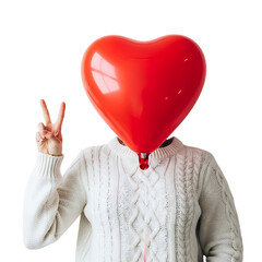 Person holding red heart balloon with peace sign gesture isolated on transparent background
