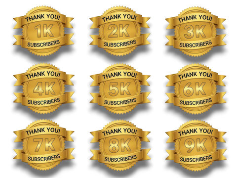 Gold subscriber milestone thank you badges from 1k to 9k for social media isolated on transparent background - Powered by Adobe