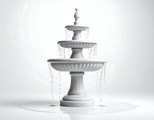 Fototapeta premium Three-tiered white fountain with flowing water, indoors, clean background