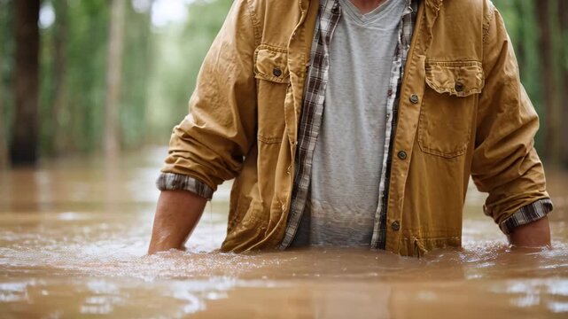 A man wading through a flooded forest with trees in the background, showing water damage and environmental crisis.