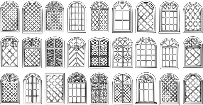 Architectural Arched Window Designs - Hand-drawn Black and White Line Art Sketch Collection of Various Window Frames, Grilles, and Tracery for Construction, Building, and Home Decor Projects