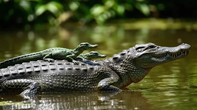 A large reptile glides through water, small juvenile alligators rest on its back