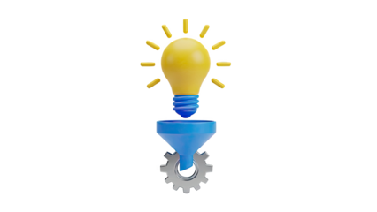 3D Idea Bulb and Funnel with Gear Concept on transparent background