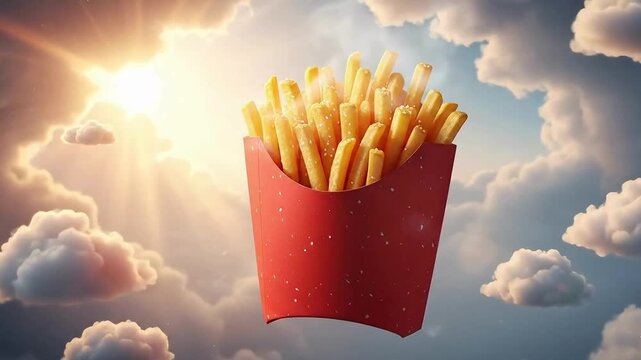 Delicious french fries in a red box floating in the sky with clouds