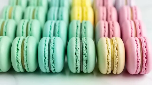 Colorful macarons arranged in neat rows on marble