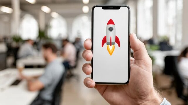 A hand holds a smartphone with a rocket icon on the screen in a modern office setting, symbolizing startup growth.