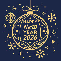 Happy New Year 2026 text inside gold Christmas ball with snowflakes and falling glitter on dark blue background for greeting card.