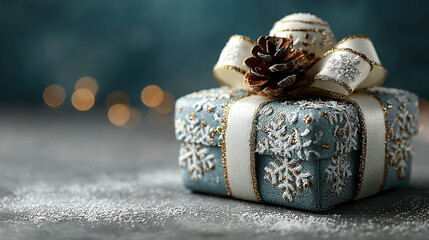 Decorated wrapped gift box with ribbon, bow, and snowflake pattern.