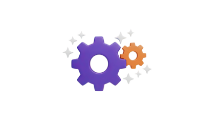 3D purple and orange gears with sparkles on transparent background