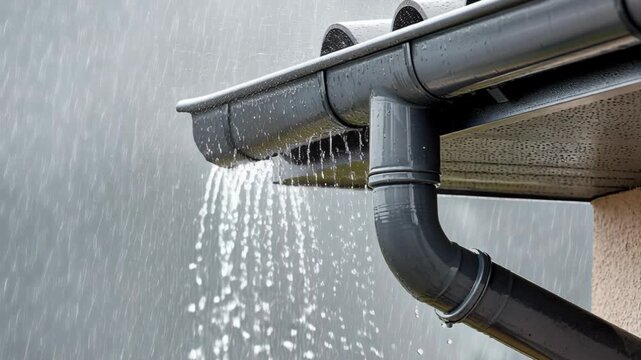 A close-up shot of a rain gutter system channeling water during a heavy downpour, highlighting the function of the drainage.