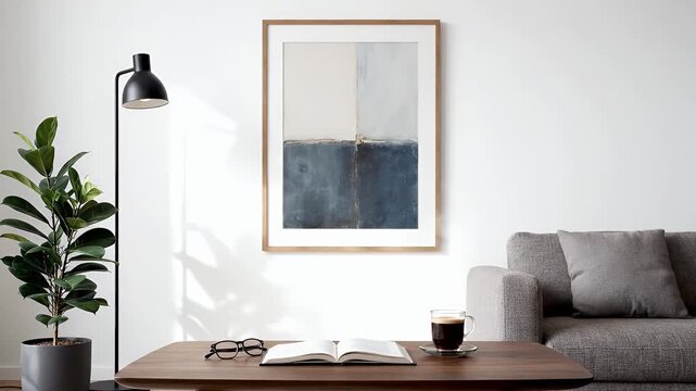 Modern Living Room with Abstract Art and Fiddle Leaf Fig Plant.