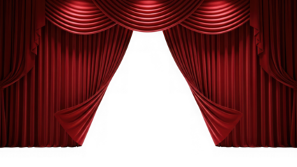 Luxurious red velvet stage curtains with valance, parted, isolated on transparent background