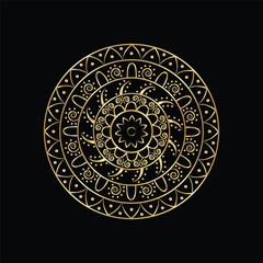 Intricate golden mandala design on a black background showcasing detailed symmetrical patterns