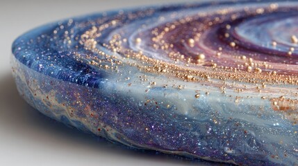Close-up of circular resin art with blue, purple, and gold glitter swirls. Perfect for interior design blogs, home decor sites, or articles about modern fluid art techniques.