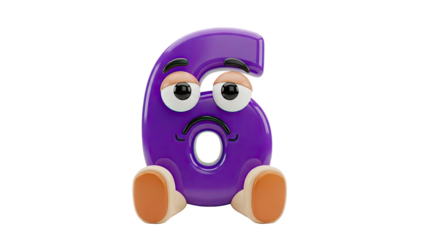 3D Sad purple number 6 character sitting down on transparent background