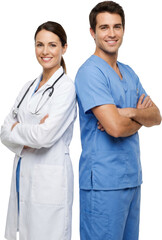 Confident female doctor wearing a white lab coat with a stethoscope and a male nurse in blue scrubs stand back to back smiling professionally medical staff healthcare workers