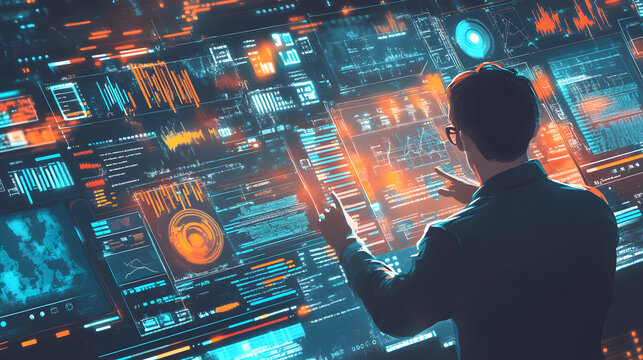 A man in a suit interacts with a futuristic digital interface filled with data and graphs - Powered by Adobe