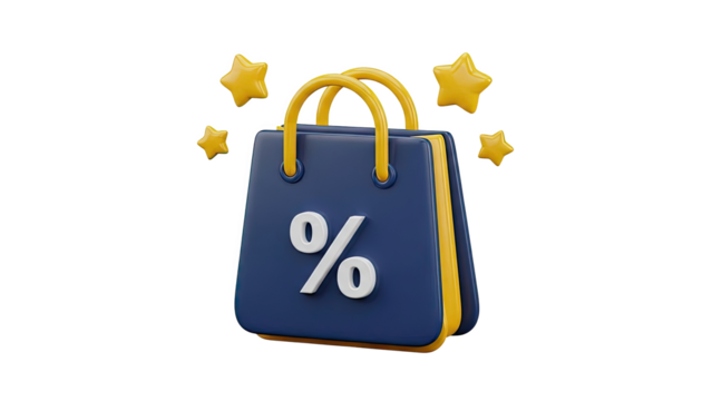 3D Shopping Bag With Percentage Sign And Stars on transparent background - Powered by Adobe
