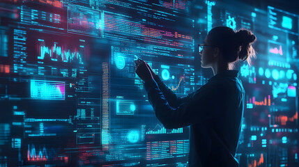 A woman interacts with a futuristic digital interface displaying various data visualizations and graphs in a dark room.