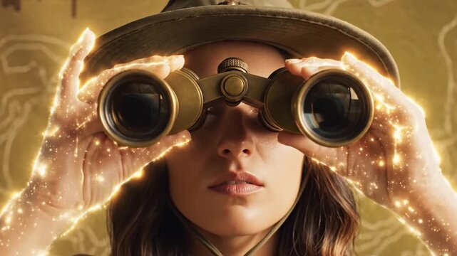Adventurous woman with binoculars exploring nature and new horizons, adventure and discovery