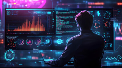 A man in a suit sits in front of a large computer screen displaying various graphs and charts in a dark room with neon lights.