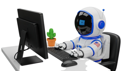 Astronaut working on computer at desk with cactus on transparent background