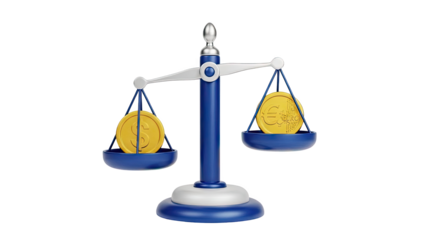 Balance Scale with Dollar and Euro Coins on transparent background