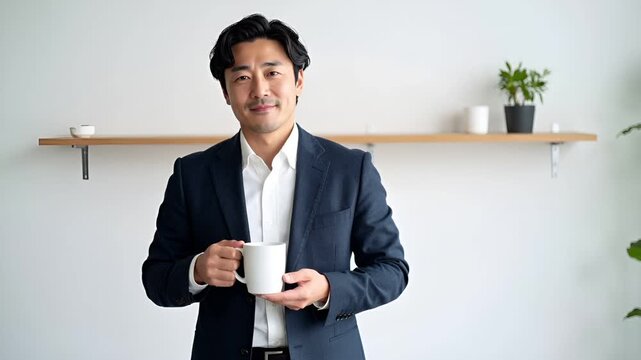 明るくミニマルなオフィス空間で撮影された日本人ビジネスマンの高精細映像。
自然光に近い柔らかなライティングが、落ち着いた表情と質感を引き立てている。
ロゴのないマットなマグカップが、洗練されたビジネスライフを演出。