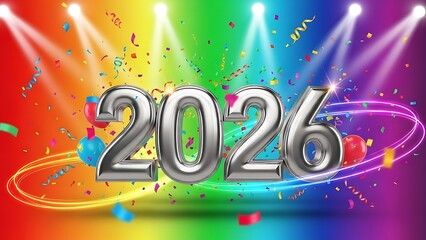 Stunning silver metallic numbers 2026 illuminated by bright stage spotlights on vibrant rainbow background with flying colorful confetti and streamers