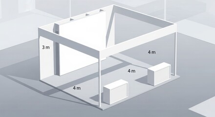 Fototapeta premium 3D rendering of a minimalist white exhibition booth with dimensions labeled.