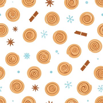 Whimsical pattern of swirls, cinnamon sticks, and snowflakes