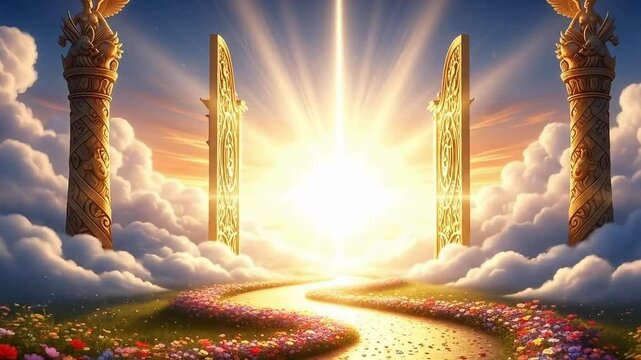 Golden gates of heaven opening with bright light and floral pathway