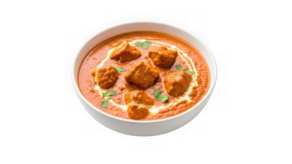 Rich indian butter masala curry in white bowl, isolated on transparent background