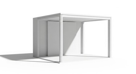 A minimalist white outdoor structure with a flat roof and partial side panels, casting a shadow on a white background.