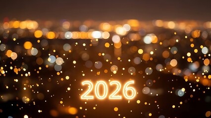 Neon glowing number 2026 illuminated against abstract warm orange bokeh light background symbolizing new year beginning celebration future vision