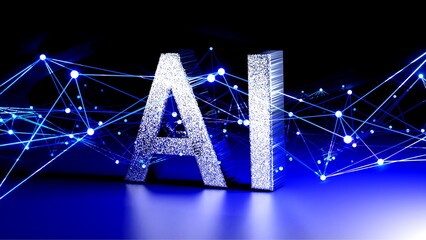 3D text AI with blue glowing network connection on black background