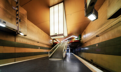 Deserted Venloer Strasse/Guertel station in Cologne during a KVB public transport strike in February 2025. Iconic retro architecture, wide angle