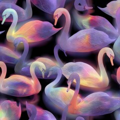 The swans are rendered with a soft, ethereal quality, showcasing a gradient of pastel colors across their forms, against a dark background