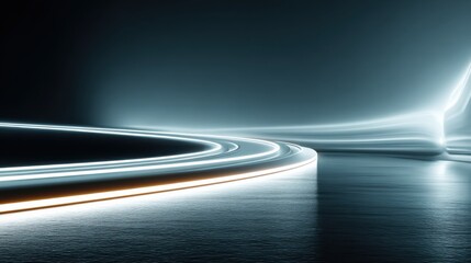 Curved glowing white and orange light lines on a dark reflective surface abstract background