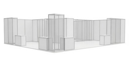 A 3D render of a modular, empty white exhibition booth or trade show stand, designed for events.