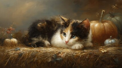 The image is a classical painting depicting a calico kitten resting on a bed of hay, surrounded by pumpkins and autumnal foliage