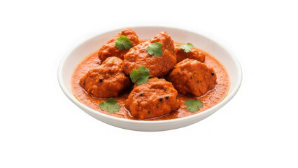 Spicy indian kofta curry in white bowl, isolated on transparent background