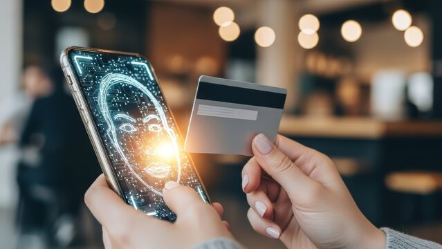 Woman holding credit card and phone with face recognition scan for secure mobile payment. Digital banking and identity verification technology. Blurred cafe background with bokeh lights. - Powered by Adobe
